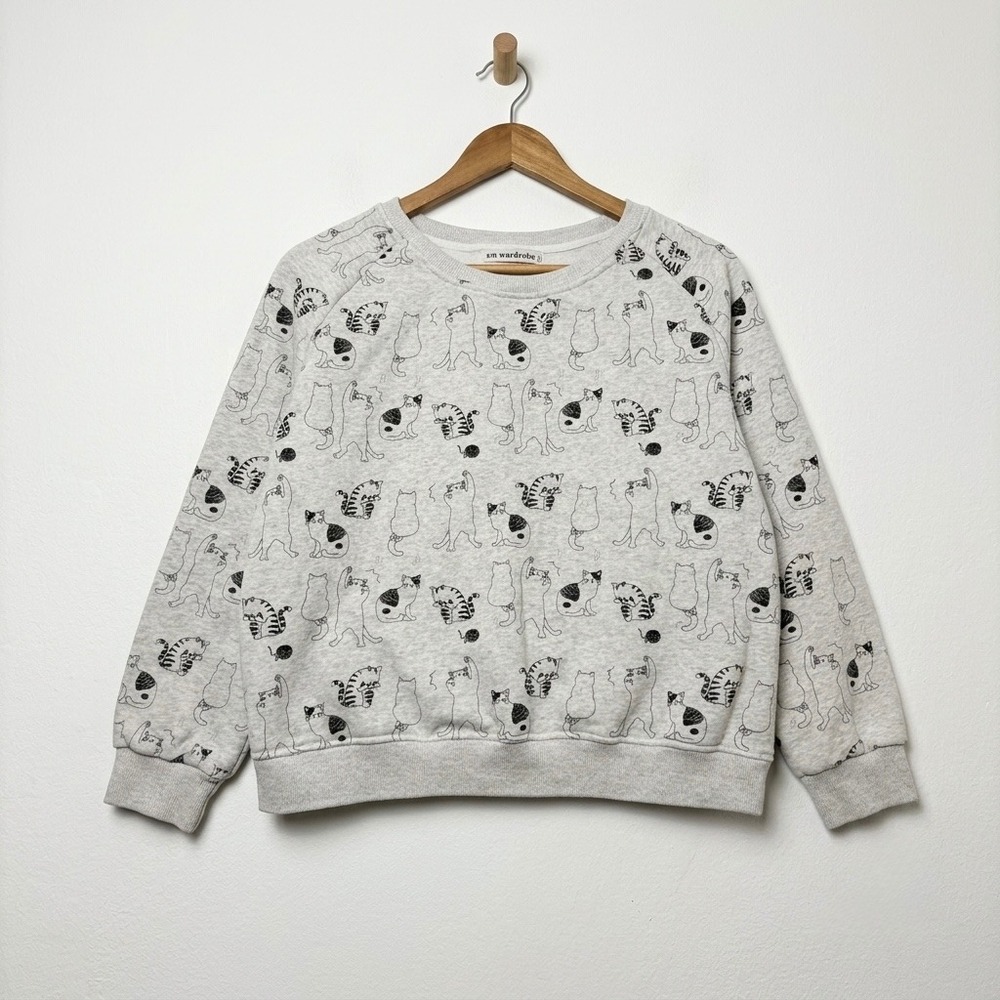 SM Wardrobe Cat Print Pullover Sweatshirt Gray Women's Size Large Yoga Kitten